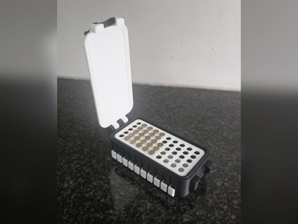 .22LR ammo case, lid open, holding rounds