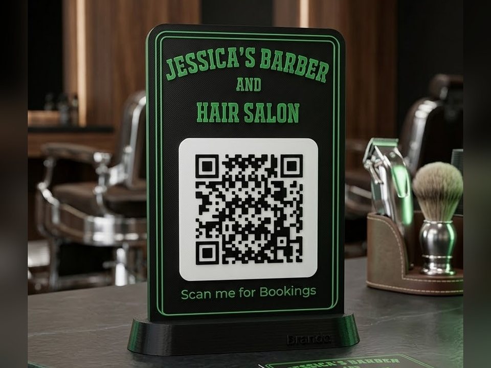 Custom QR code booking stand printed for a barber and hair salon