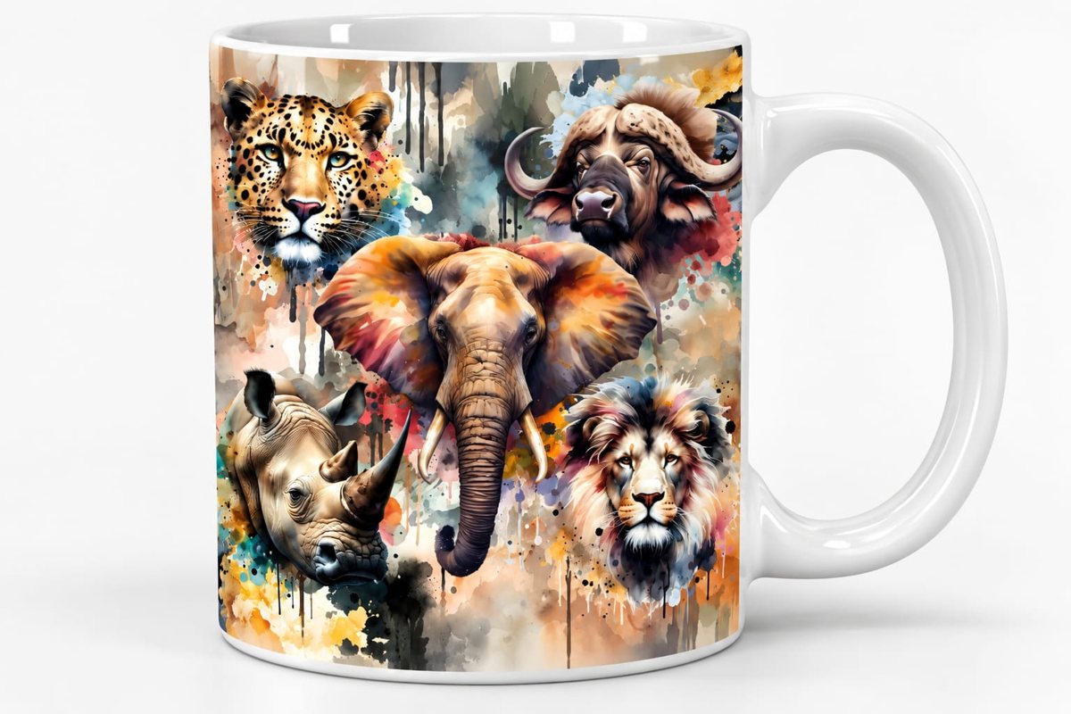 Ceramic mug with a full-wrap Big Five watercolour design