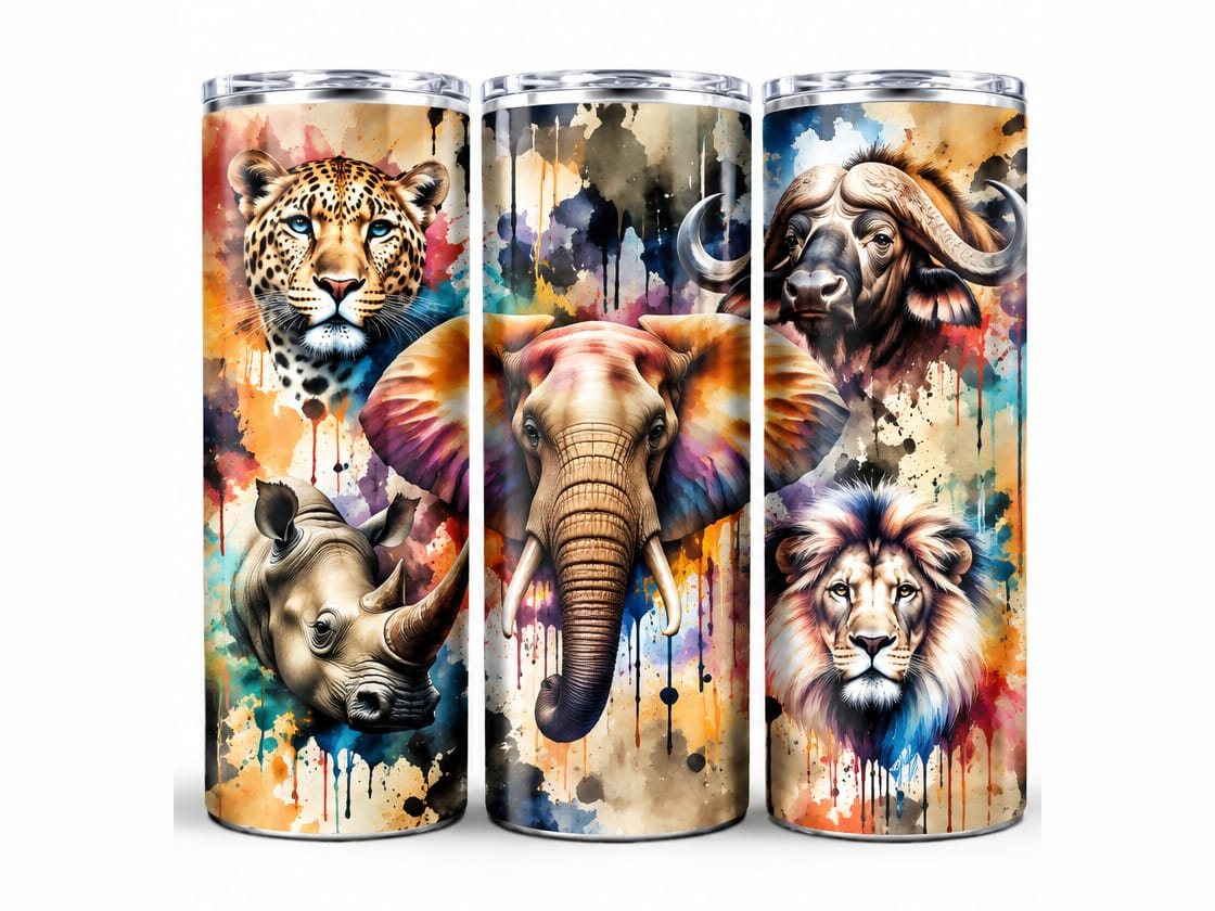 Insulated tumblers with a Big Five watercolour wrap
